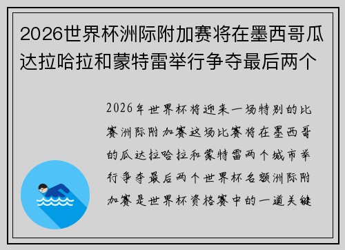 2026世界杯洲际附加赛将在墨西哥瓜达拉哈拉和蒙特雷举行争夺最后两个名额 2026世界杯洲际附加赛将在墨西哥瓜达拉哈拉和蒙特雷举行争夺最后两个名额