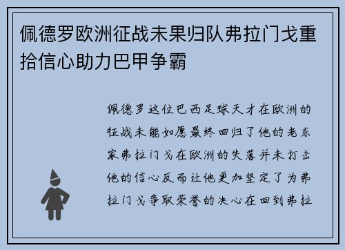 佩德罗欧洲征战未果归队弗拉门戈重拾信心助力巴甲争霸